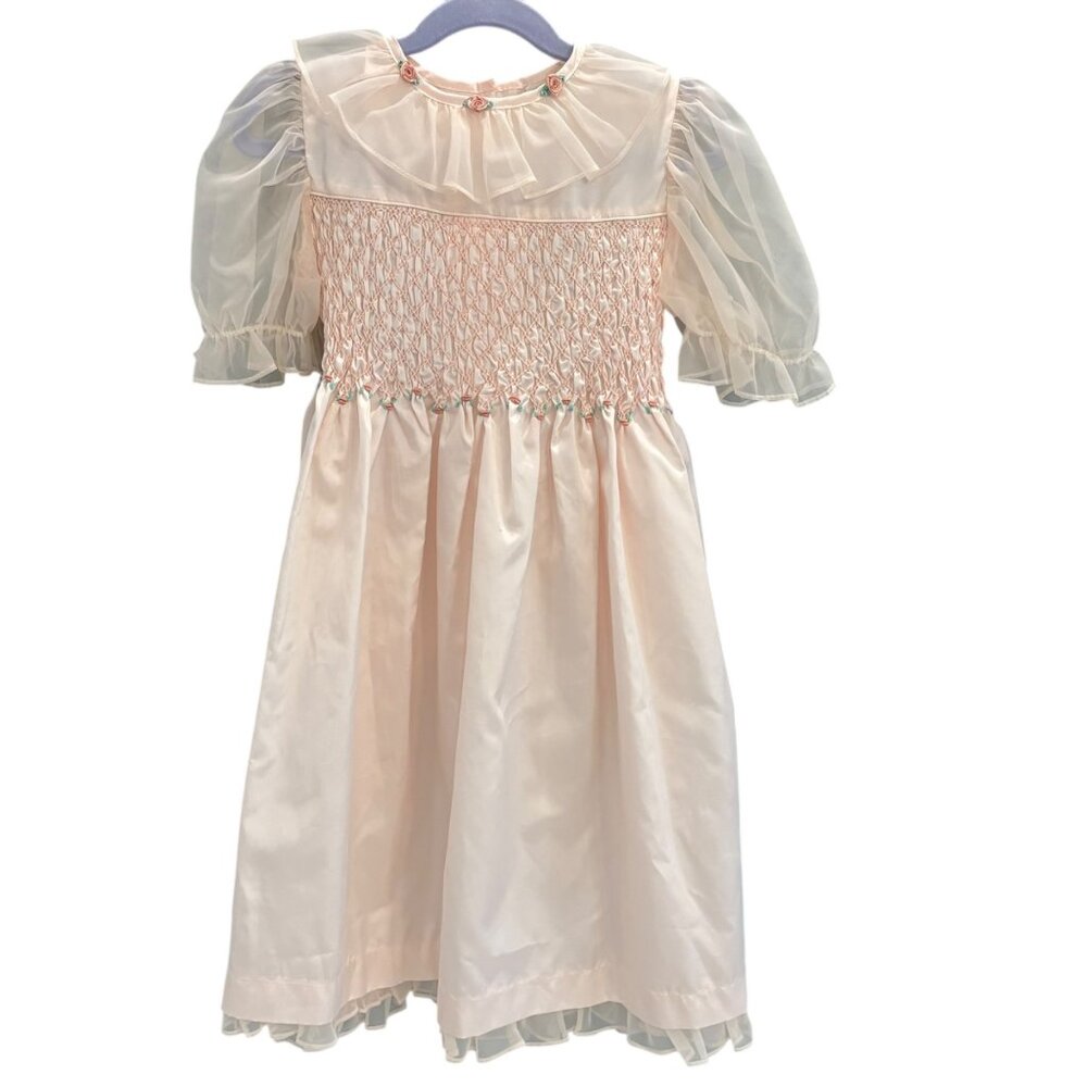 Polly Flinders Pink Smocked Dress With Sheer Puff Sleeves & Floral Accents 6X
